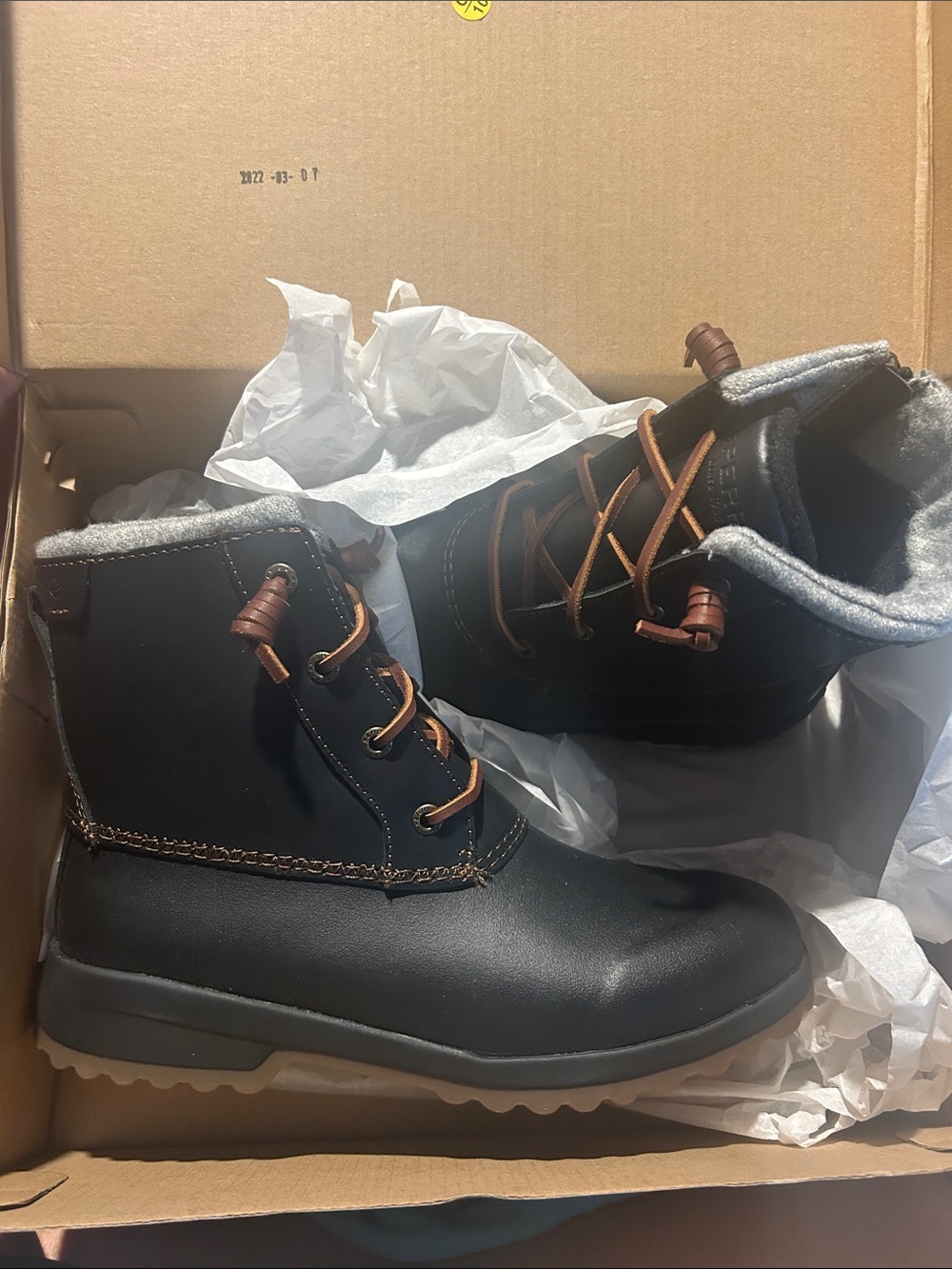 Sperry Black Lace-Up Winter Rain Boots with Brown Accents